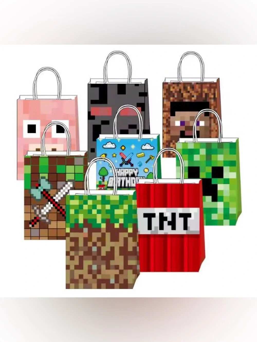 Minecraft-themed Party Gift Bags - Pixel TNT & Creeper Designs 24 Pack